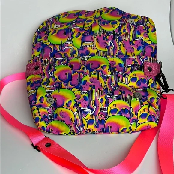 Skull Neon Pink Glitter Drippy Psychedelic Crossbody Bag with Strap - Picture 7 of 12
